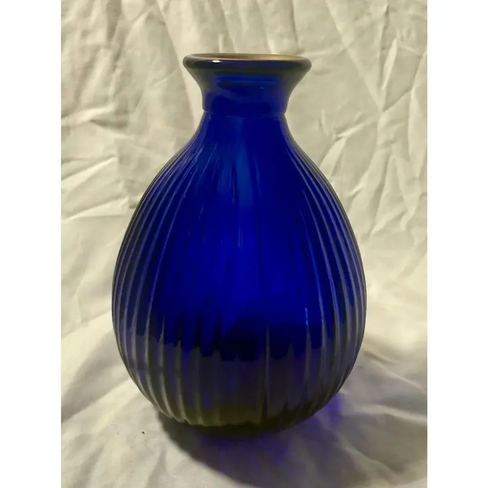 Vintage Cobalt Blue Ribbed Glass Vase | Gold Rim Art Deco Globe